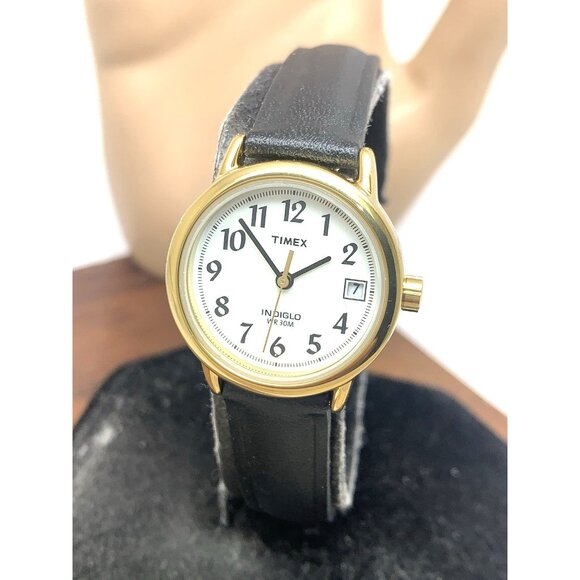 Timex Women's Watch T2J761 Indiglo Quartz Black Leather Band Petite Date 25mm - Picture 1 of 14